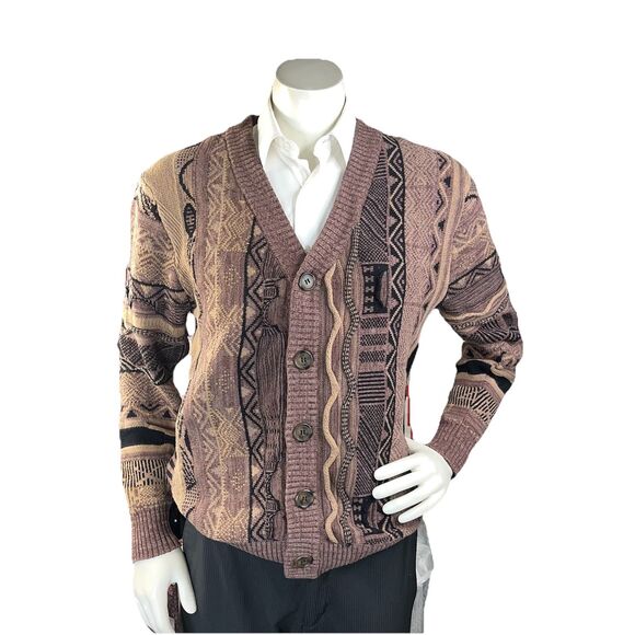 Cotton On Garments Sweater Mens M Brown Coogi Style Cardigan Knit Geometric - Picture 1 of 10